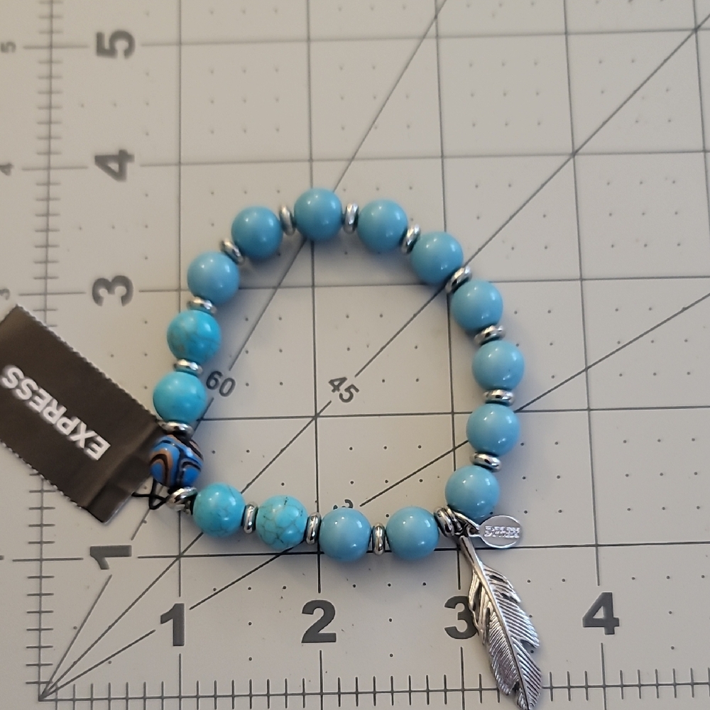 Express Blue Beaded Bracelet with Feather Accent